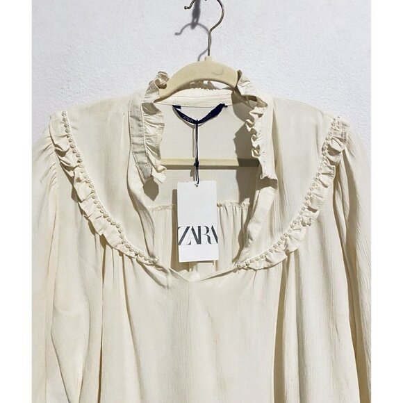 Zara Top Womens L Faux Pearl Trim Ruffle V Neck Ivory Prairie Cottagecore Boho - Picture 4 of 9